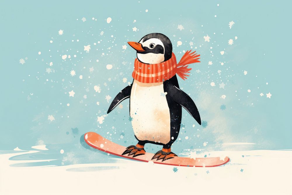 Penguin playing snowboard outdoors winter nature. AI generated Image by rawpixel.