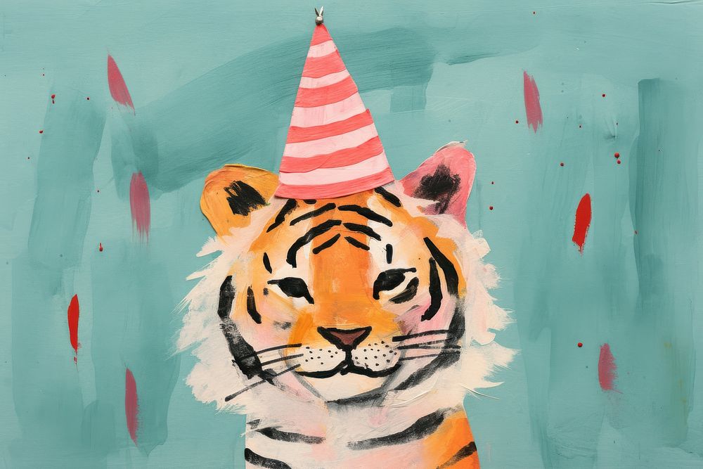 Happy tiger wearing party hat animal mammal representation. AI generated Image by rawpixel.