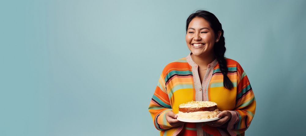 Chubby native woman smile holding adult food. 