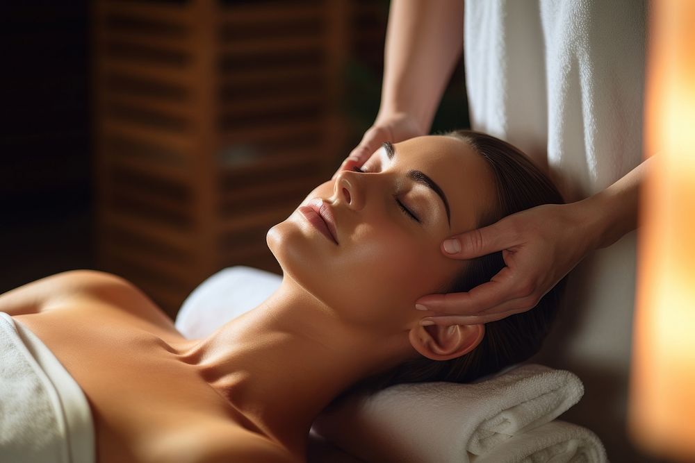 Woman getting face massage adult spa relaxation. 