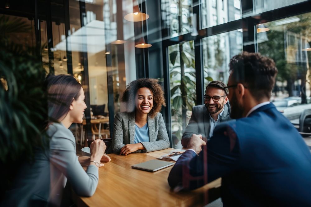 Business people smiling meeting adult glass. AI generated Image by rawpixel.