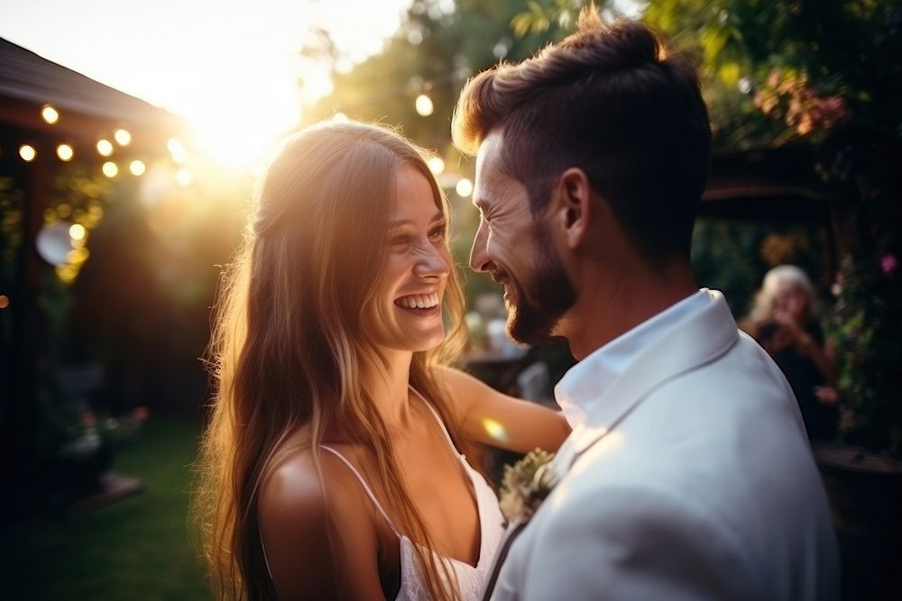 Caucasian young couple wedding laughing adult. AI generated Image by rawpixel.