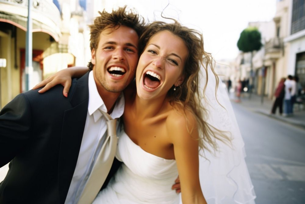 Caucasian young couple wedding photography laughing. AI generated Image by rawpixel.