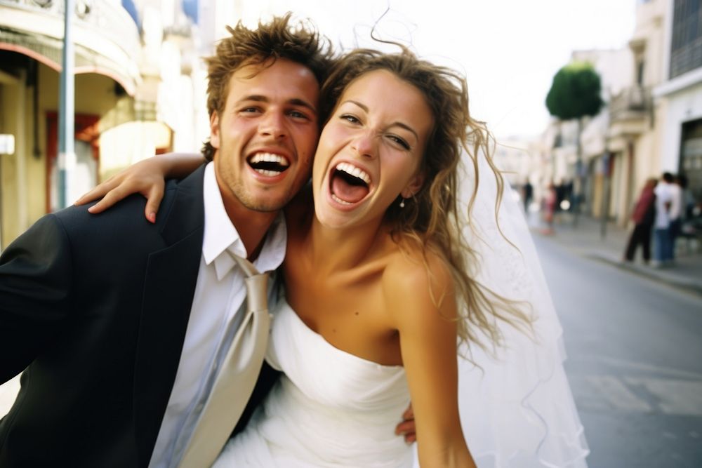 Caucasian young couple wedding photography laughing. 