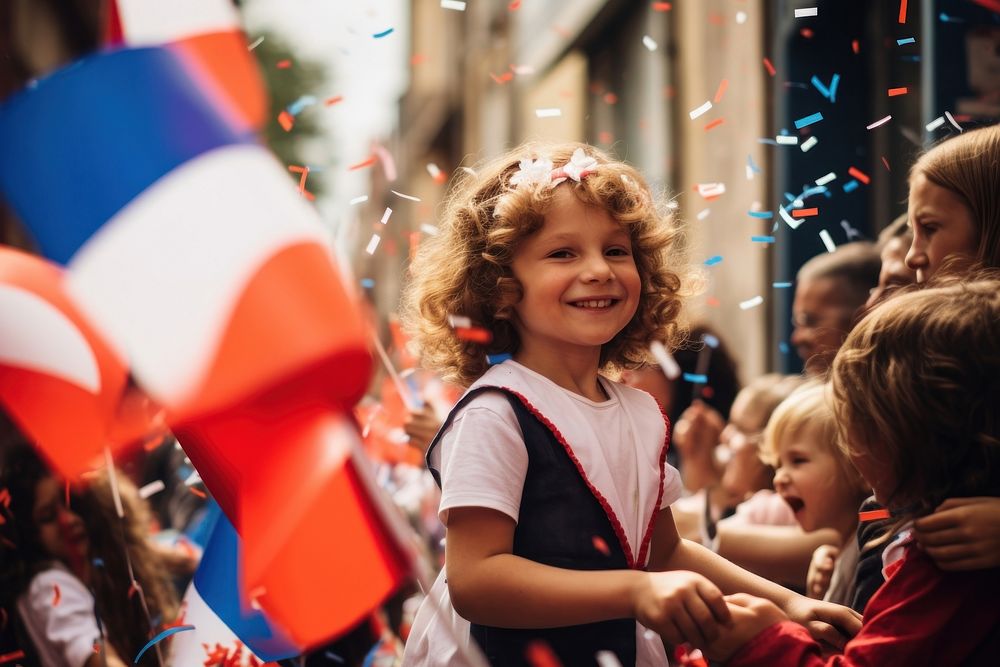 French street parade celebration child flag. 