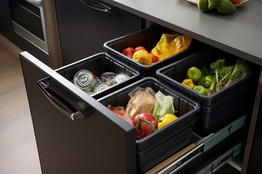 Modern waste sorting bins appliance kitchen drawer. AI generated Image by rawpixel.