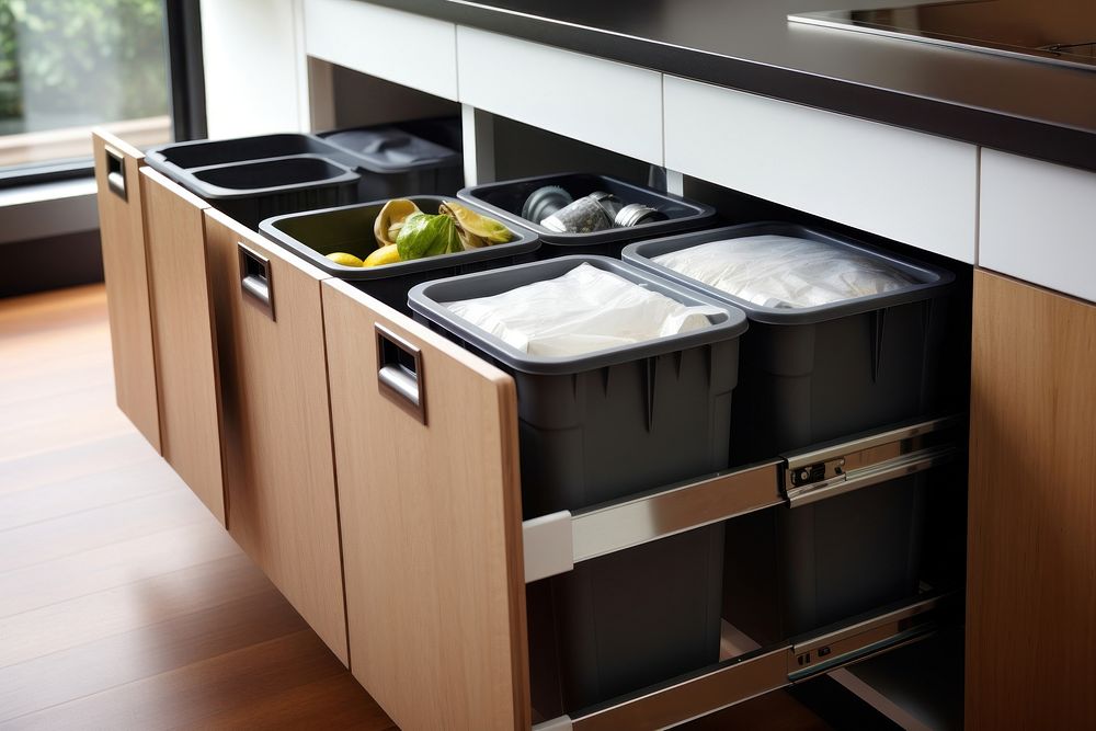 Modern waste sorting bins kitchen furniture cabinet. AI generated Image by rawpixel.
