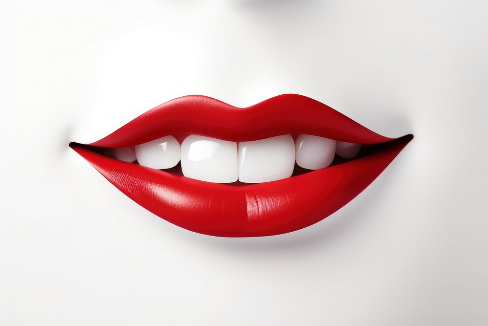 Lipstick teeth white white background. 