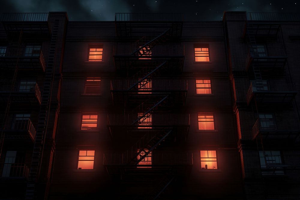 Fire escape stairway building night architecture. 