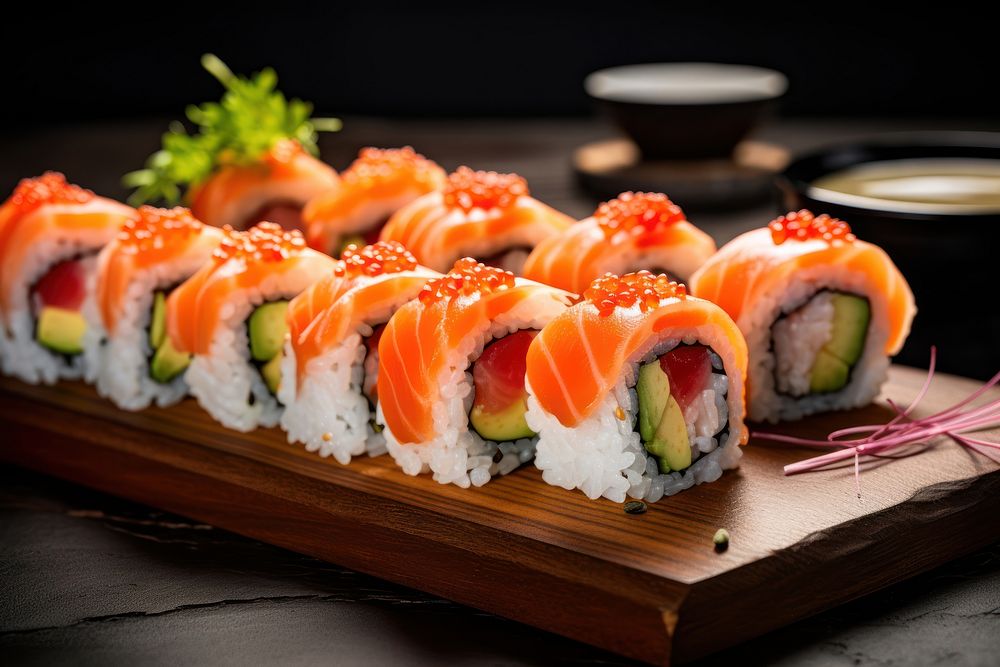 Delicious sushi rolls table food rice. AI generated Image by rawpixel.