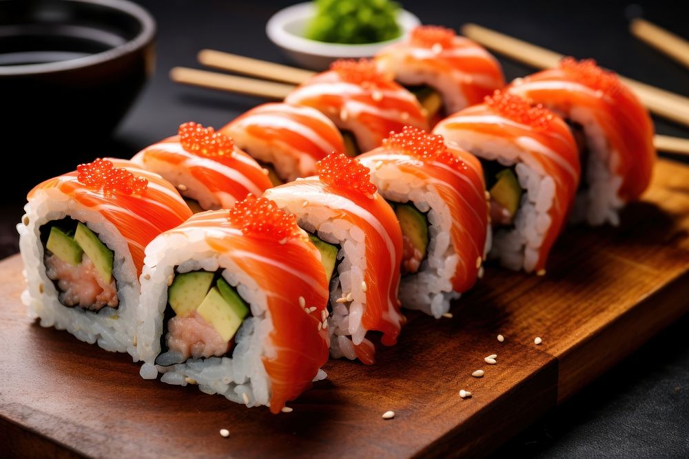 Japanese sushi rolls food rice meal. AI generated Image by rawpixel.