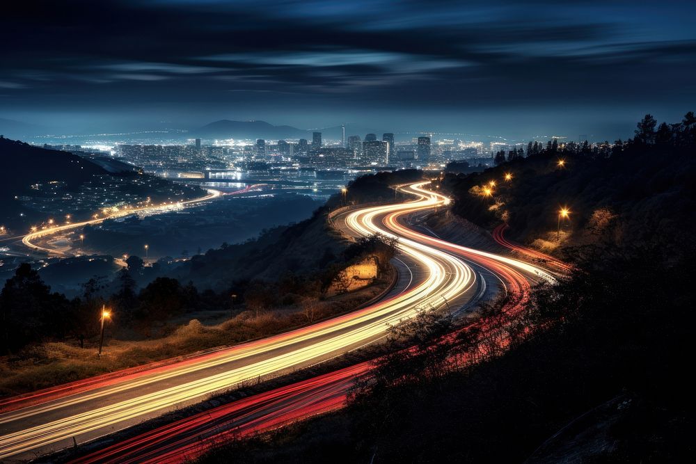 Motorway night city architecture. 