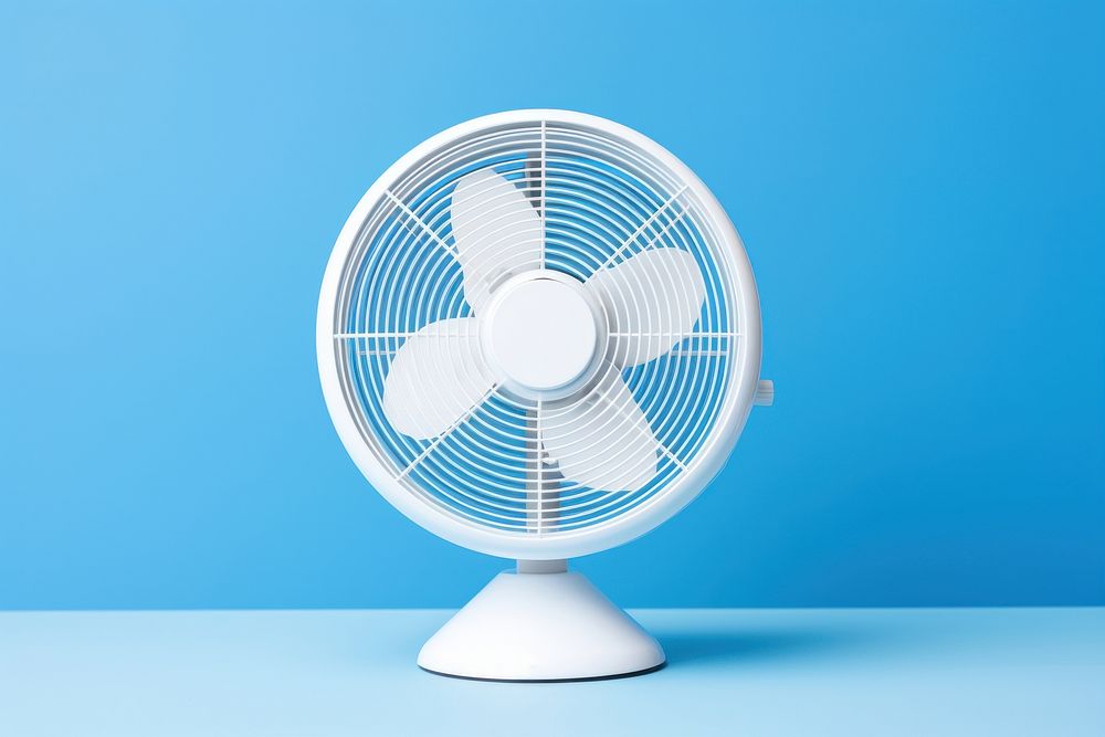 White blue fan electric fan. 