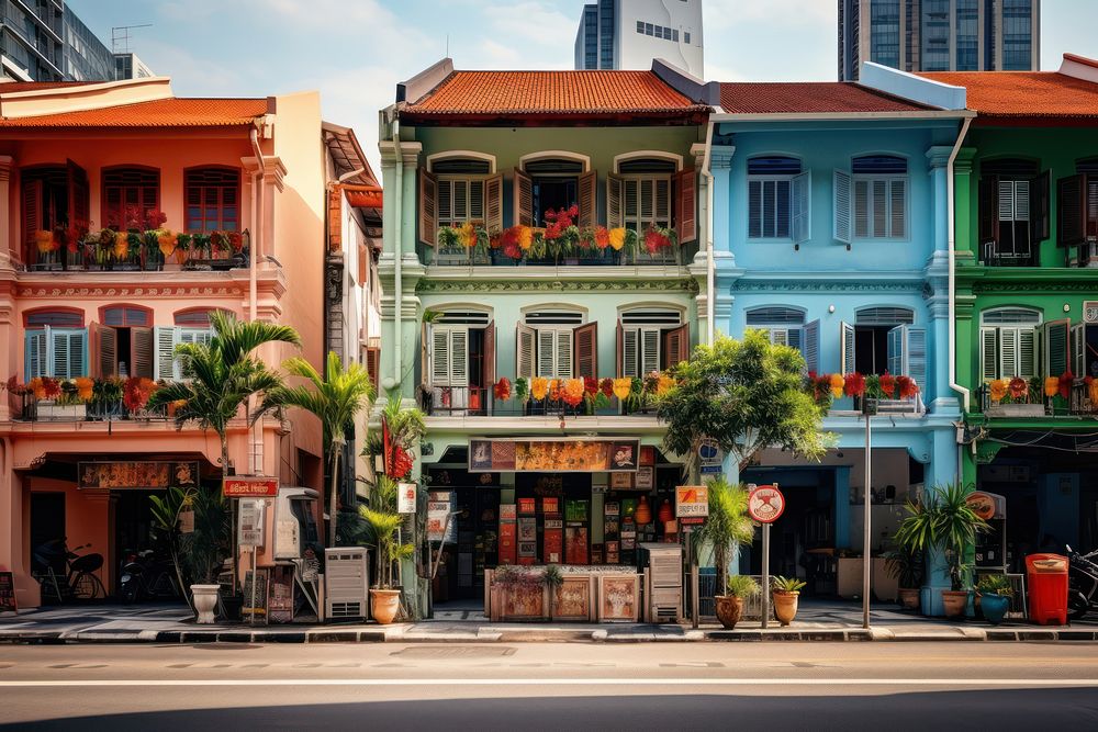 Asian shophouse city architecture cityscape. AI generated Image by rawpixel.