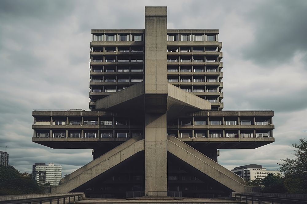 Brutalist office tower architecture building city. 