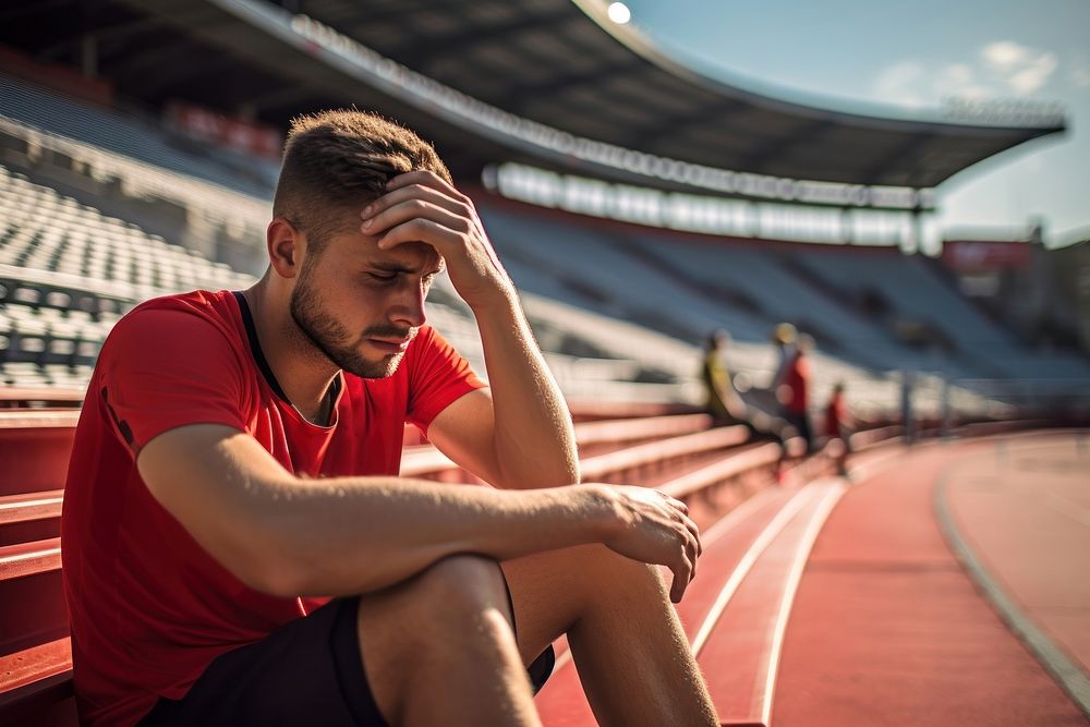 Tired marathon runner sitting worried stadium. 