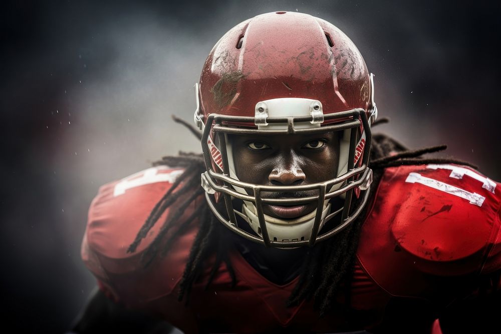 American football player helmet sports determination. 