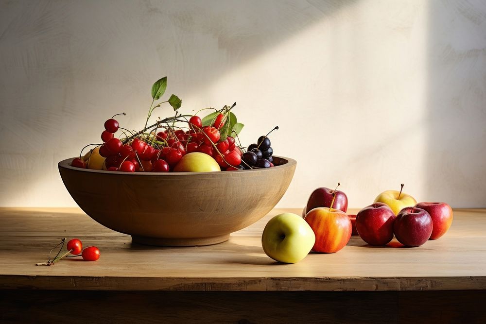 Ceramic bowl fruit apple table. AI generated Image by rawpixel.