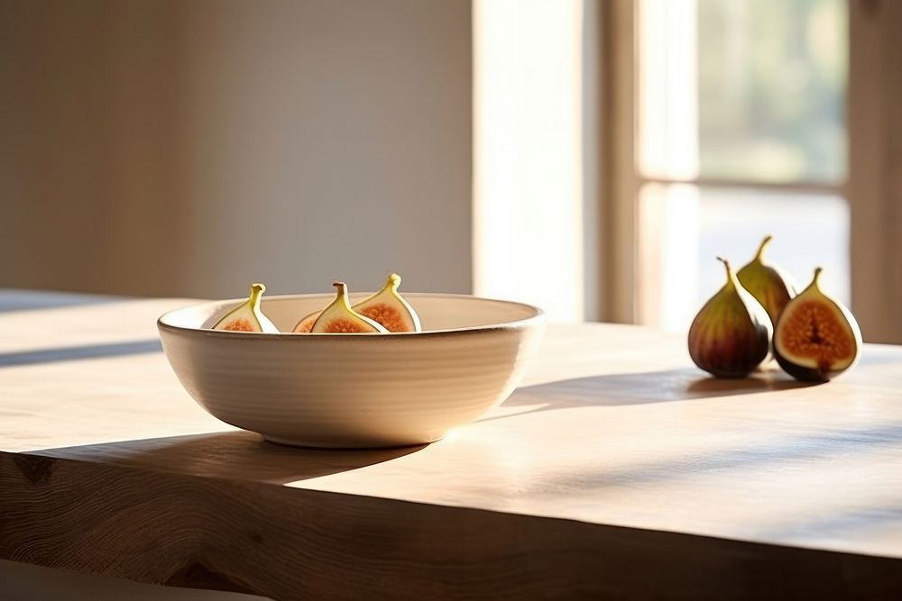 Ceramic bowl table plant fruit. AI generated Image by rawpixel.