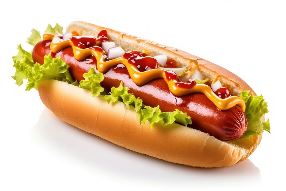 Hotdog food ketchup white background. 