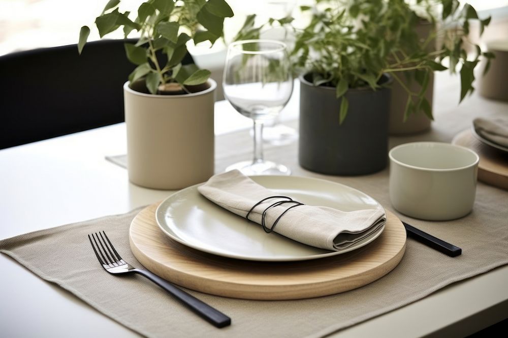 Table setting Scandinavian napkin plant. AI generated Image by rawpixel.