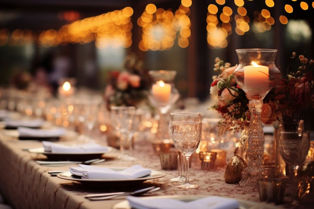 Table set wedding candle flower. AI generated Image by rawpixel.