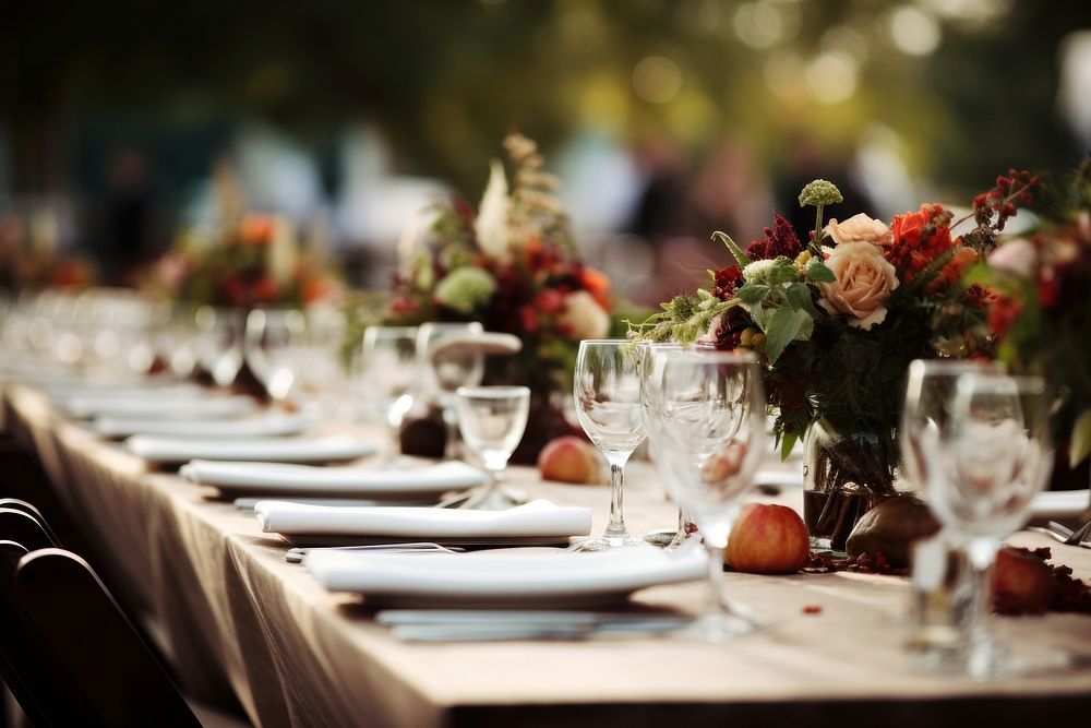 Table set restaurant outdoors wedding. AI generated Image by rawpixel.