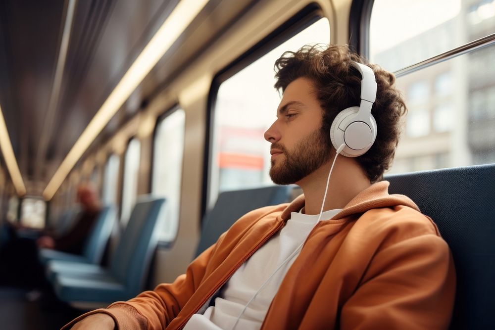 Young man headphones listening headset. 