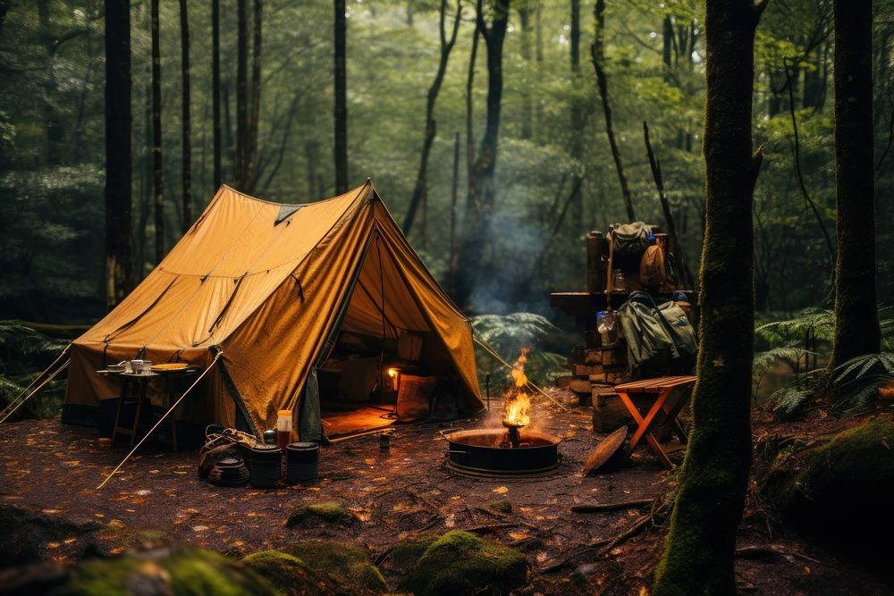Forest camp trip outdoors bonfire camping. AI generated Image by rawpixel.