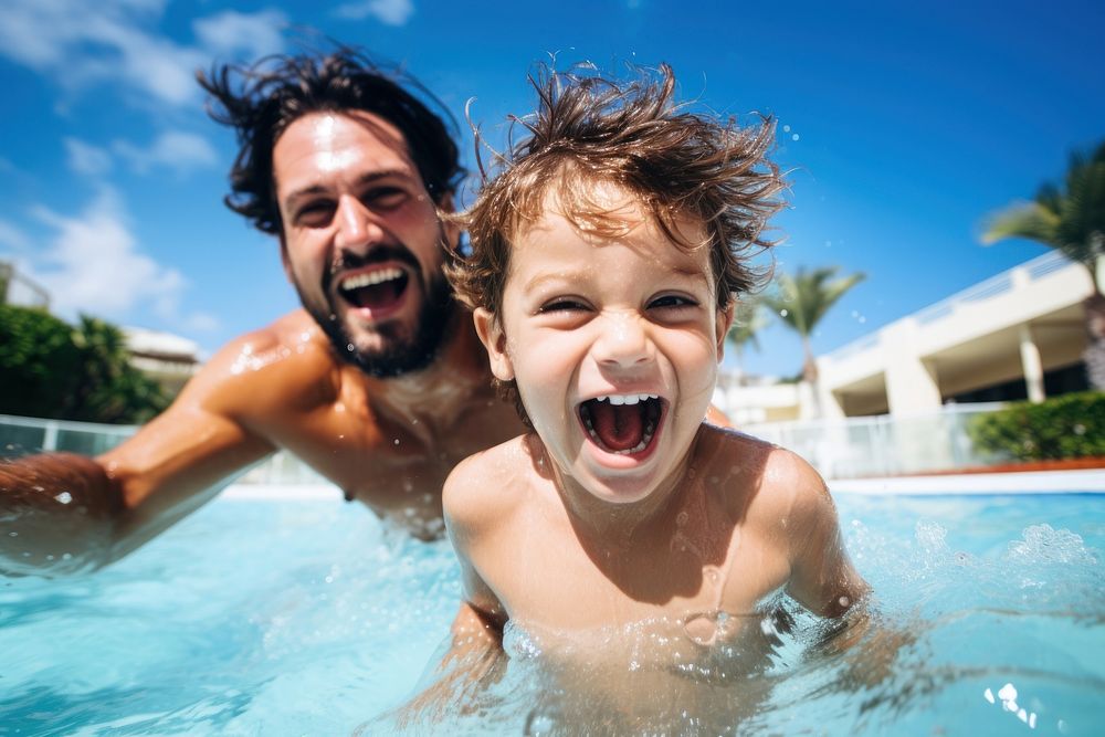 Little boy swimming laughing father. 