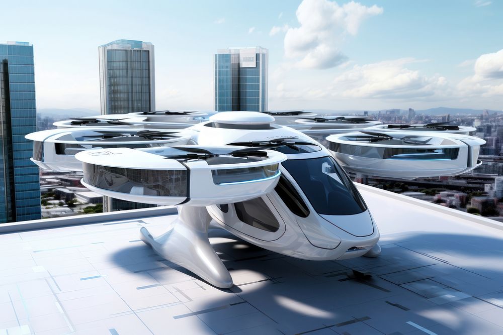 Conceptual eVTOL aircraft building architecture. AI generated Image by rawpixel.