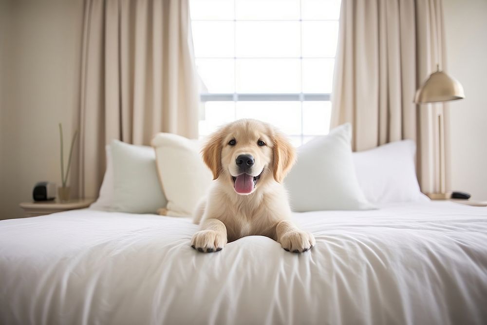 Dog puppy golden retriever bedroom animal. 