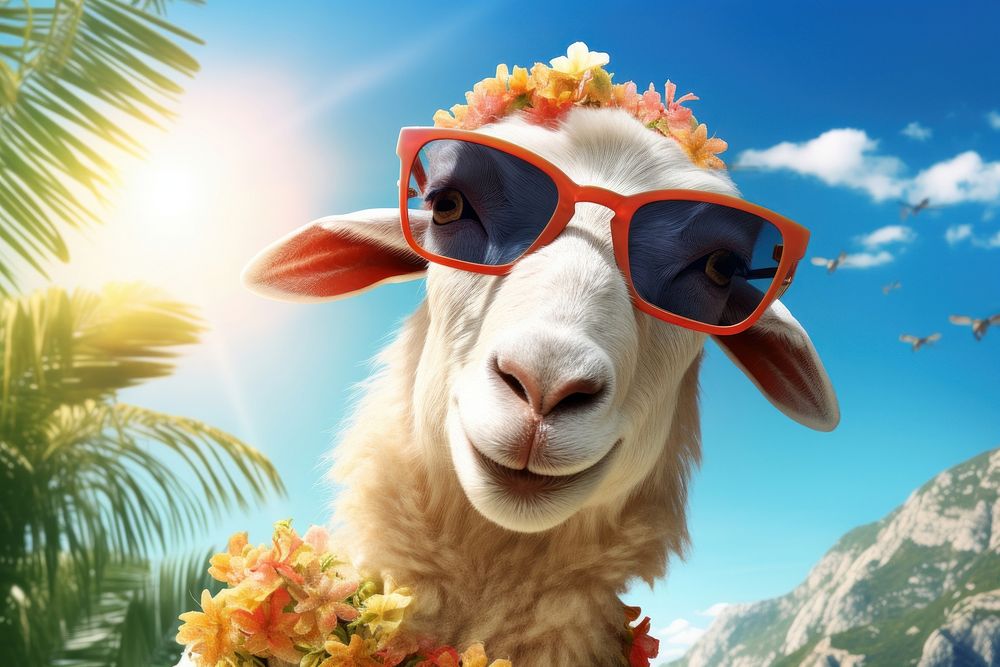 Cute goat wearing summer sunglasses livestock outdoors mammal. 