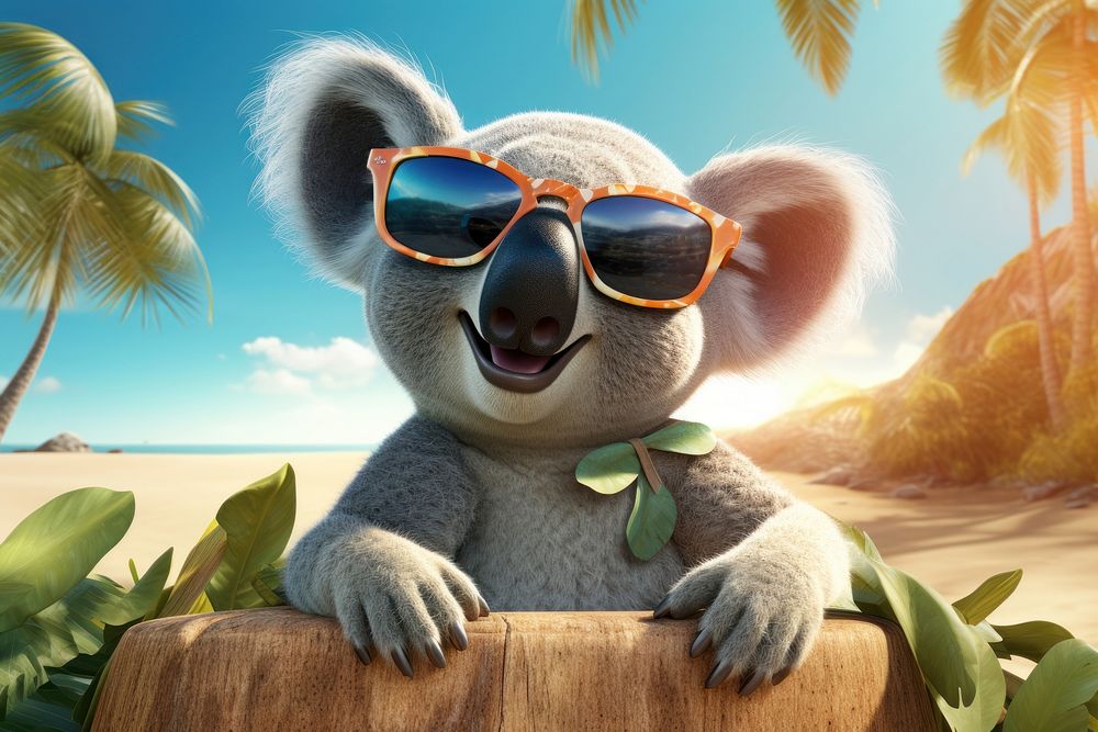 Cute koala wearing summer sunglasses outdoors mammal animal. 