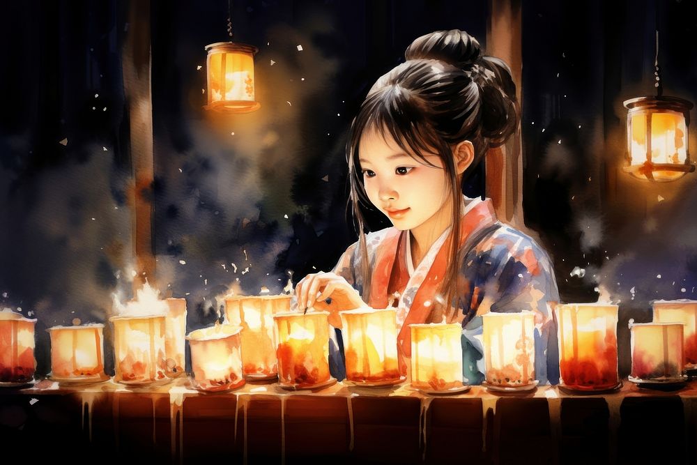 Watercolor asian candles festival spirituality architecture illuminated. AI generated Image by rawpixel.