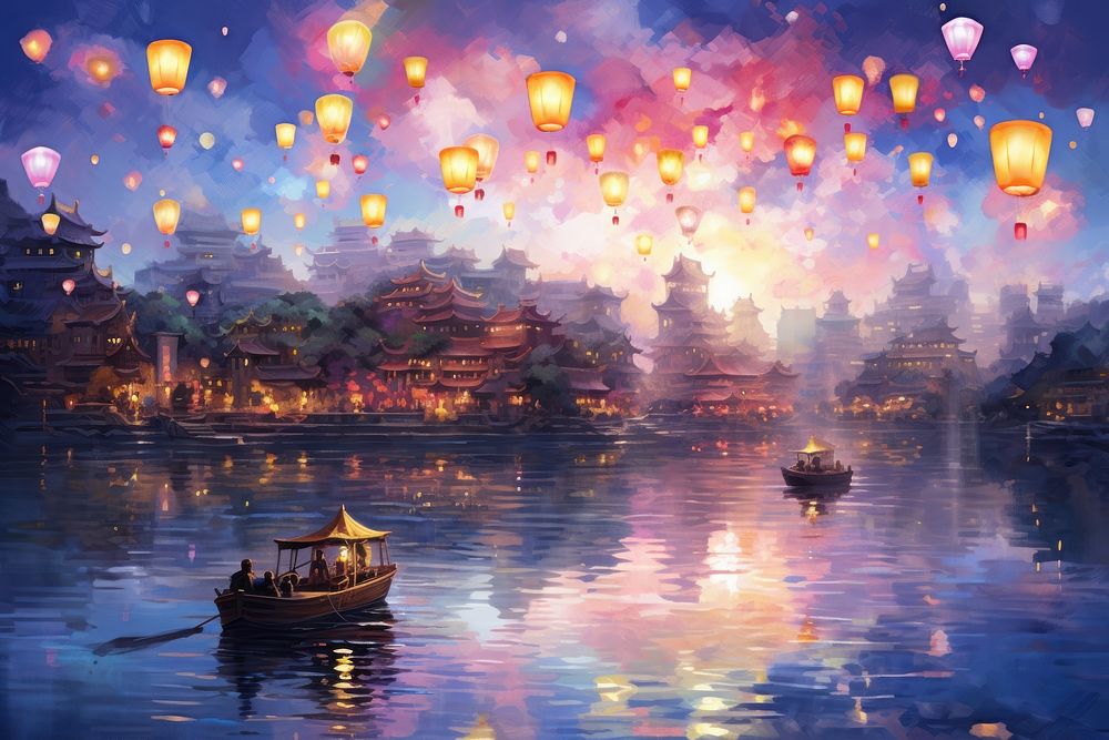 Watercolor floating lanterns asian city outdoors vehicle boat. AI generated Image by rawpixel.