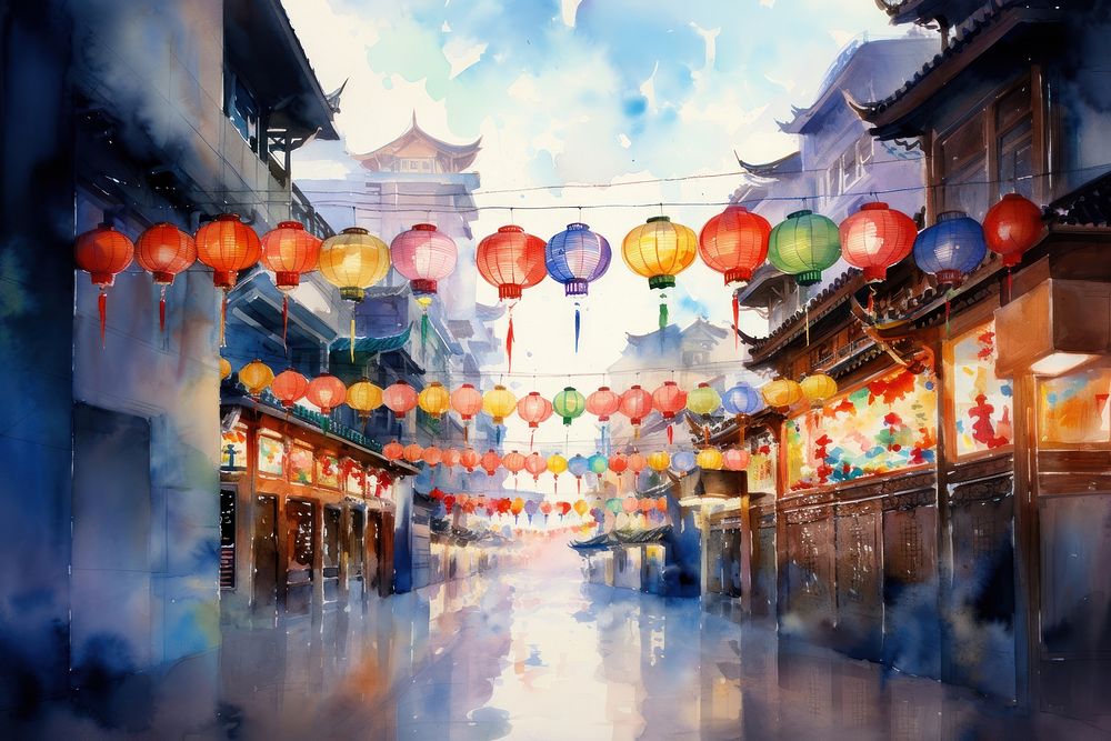 Watercolor floating lanterns asian city festival street spirituality. 