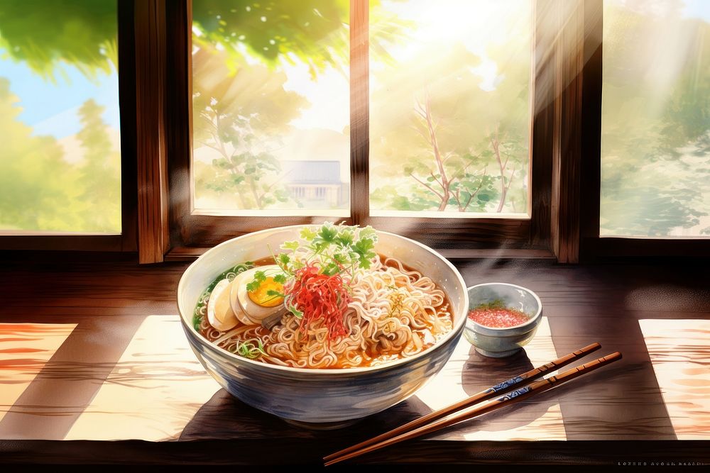 Watercolor ramen chopsticks meal food. AI generated Image by rawpixel.