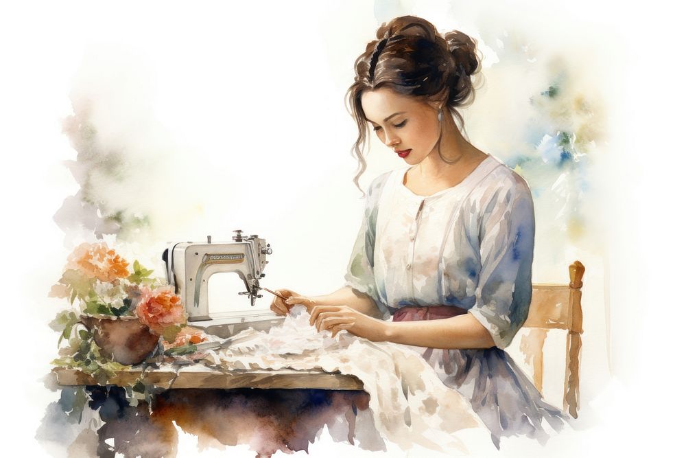 Watercolor sewing lady creativity technology hairstyle. AI generated Image by rawpixel.