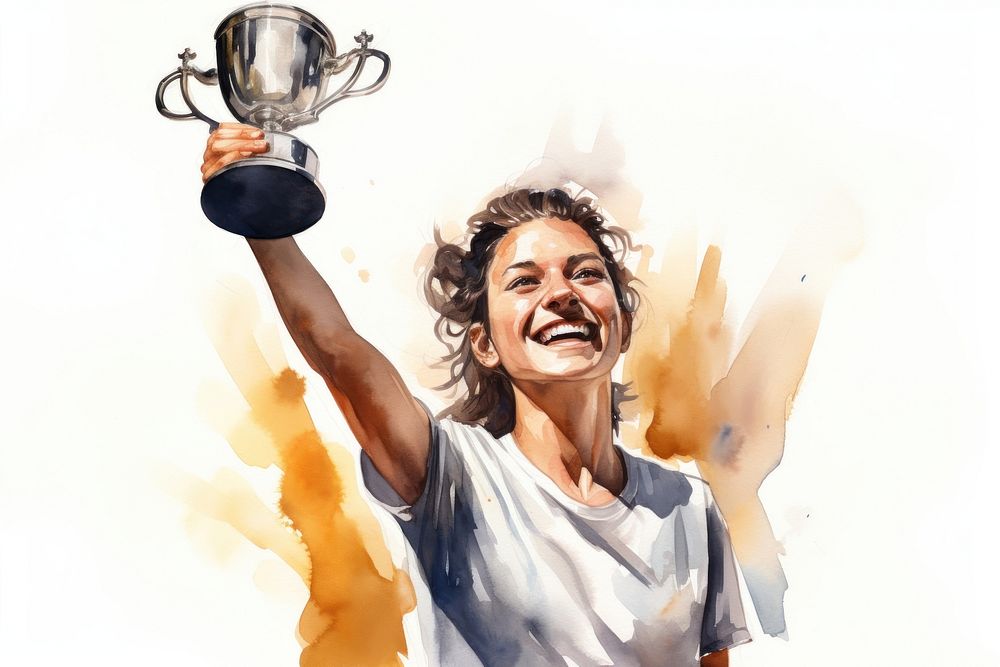 Woman winning trophy watercolor portrait achievement photography. AI generated Image by rawpixel.
