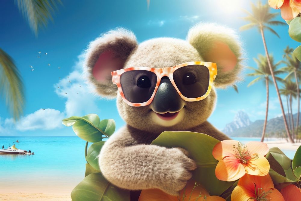 A cute koala wearing summer sunglasses outdoors cartoon nature. 