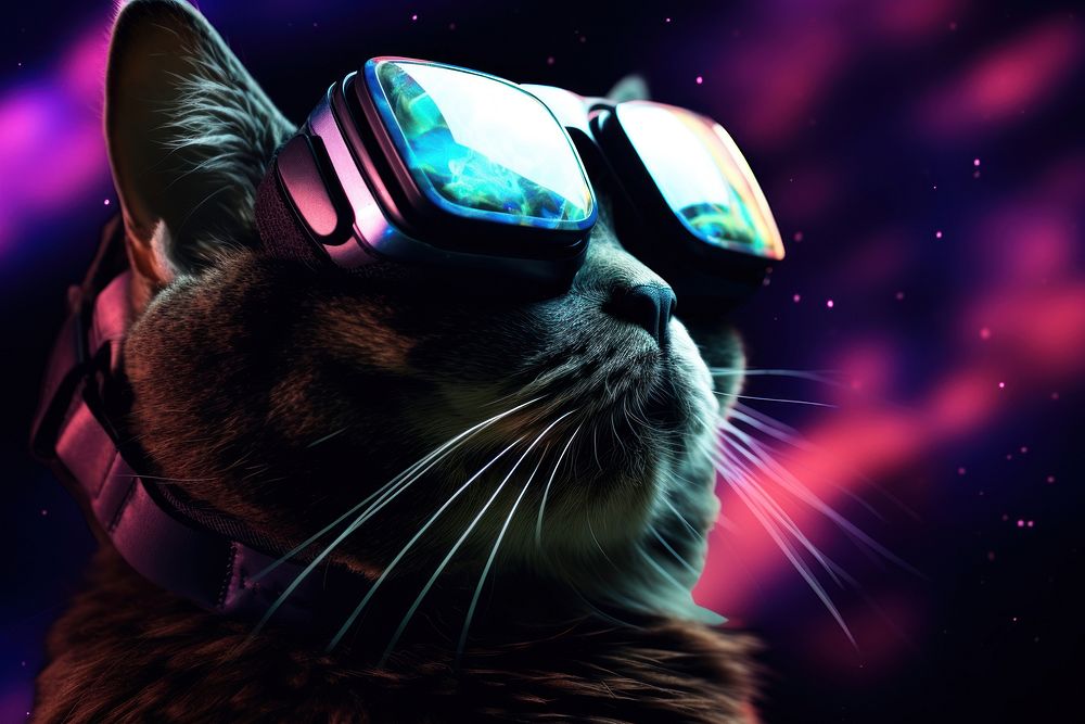 A Cat wearing VR glasses animal mammal purple. AI generated Image by rawpixel.