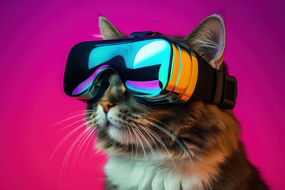 A Cat wearing VR glasses mammal animal pet. 