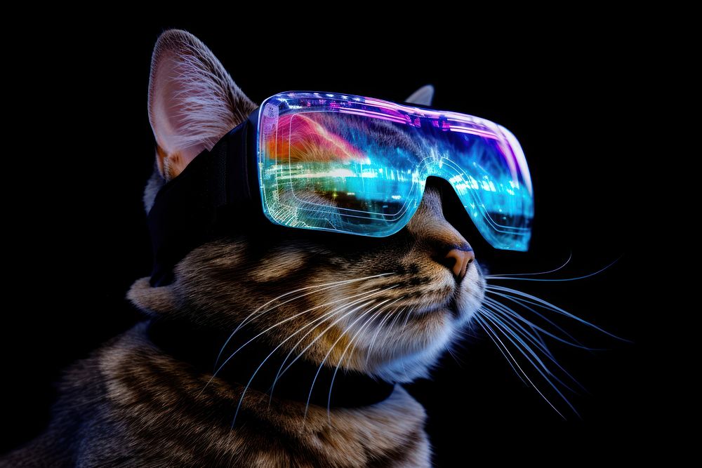 A Cat wearing VR glasses sunglasses mammal animal. 