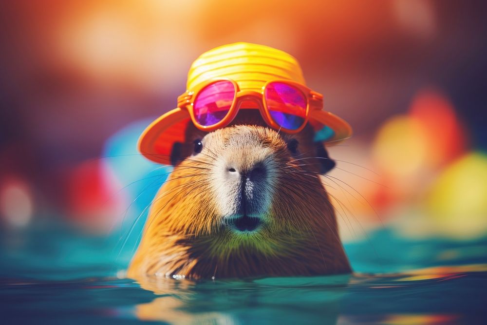 Capybara wearing summer sunglasses swimming mammal animal. AI generated Image by rawpixel.
