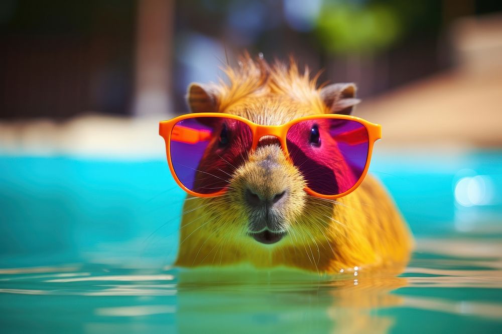 Capybara wearing summer sunglasses swimming mammal animal. AI generated Image by rawpixel.