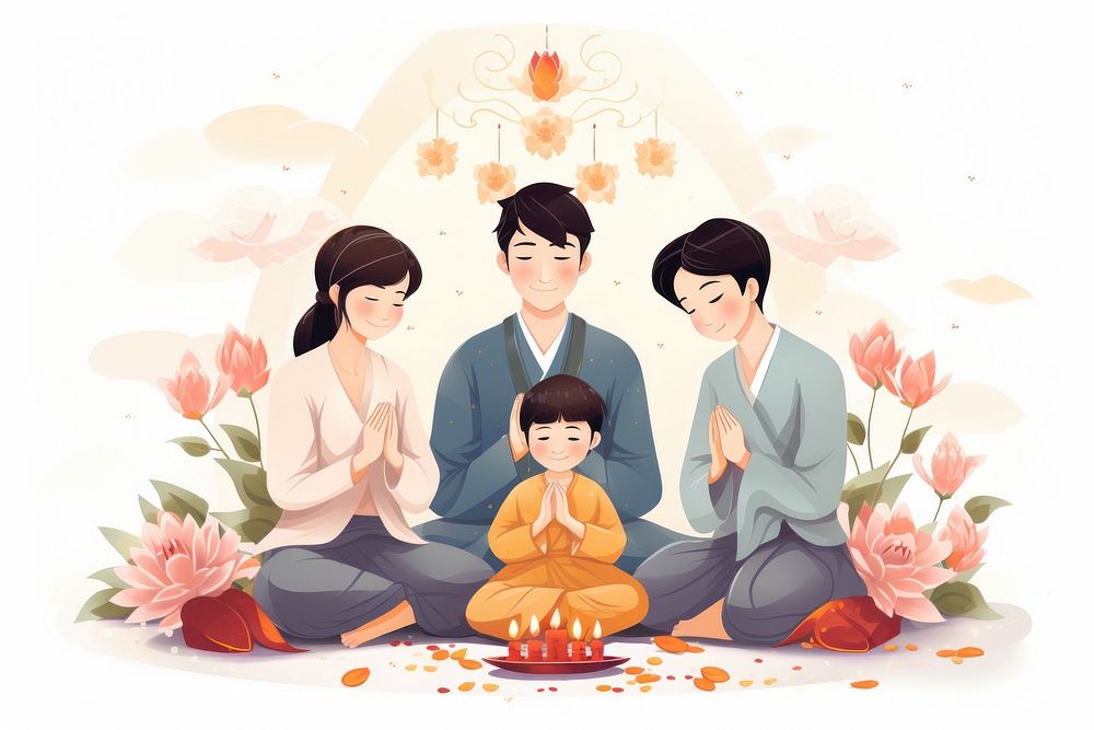 Asian family praying festival drawing adult cross-legged. AI generated Image by rawpixel.