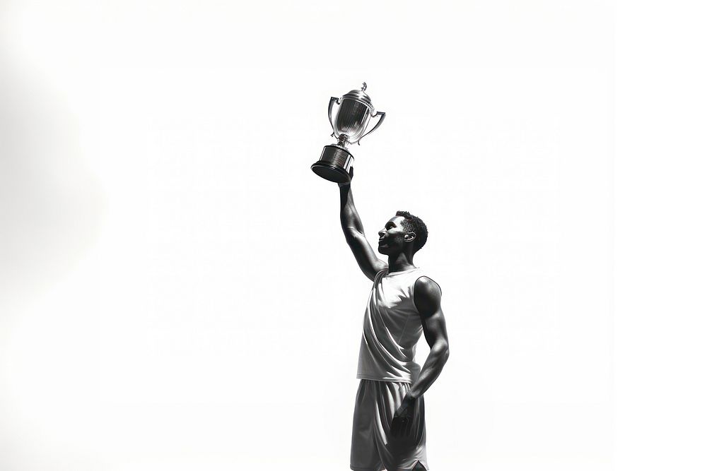 Black man winning trophy adult white monochrome. 