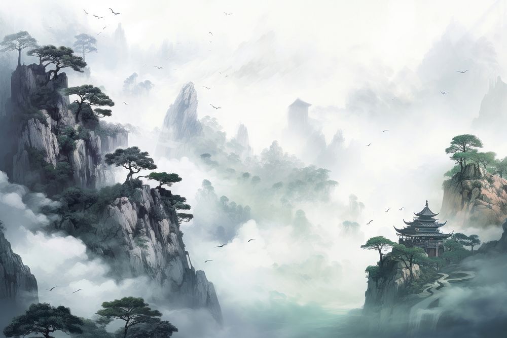 Chinese mountain illustrations landscape outdoors nature. AI generated Image by rawpixel.