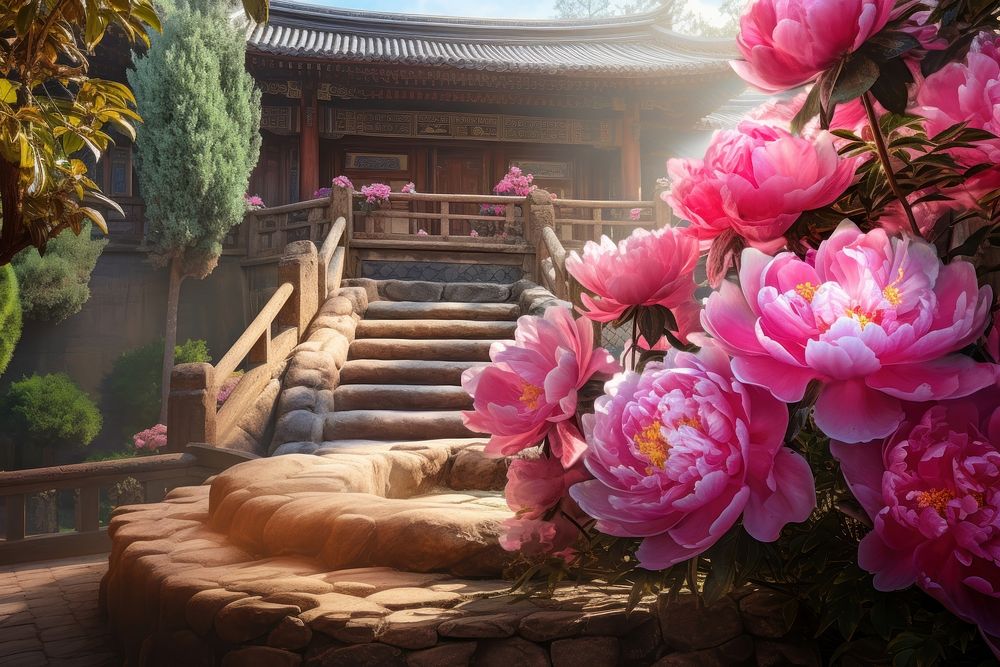 Chinese peony garden architecture building outdoors. 